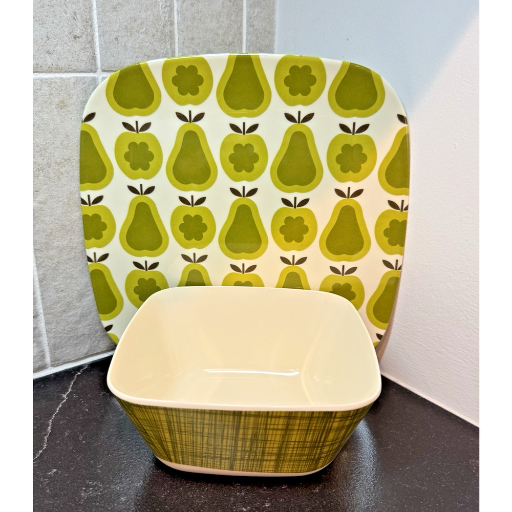 Orla Kiely GREEN PEARS & APPLES Melamine Side Salad Plate and SCRIBBLE Bowl EUC!